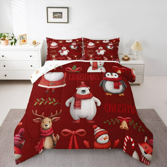 Feelyou Merry Christmas Child Full Size Comforter Sets, Reindeer Polar Bear Bedding Comforter Set, Kawaii Santa Claus Reversible Bedding Sets, Microfiber Bedroom Decor, 3-Piece