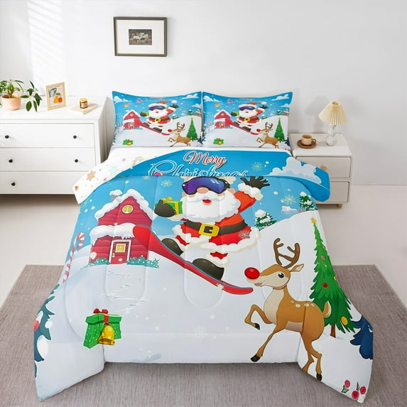 Feelyou Merry Christmas Child Full Size Comforter Sets, Skiing Santa Claus Bedding Comforter Set, Cartoon Deer Animal Reversible Bedding Sets, Breathable Home Decor, 3-Piece