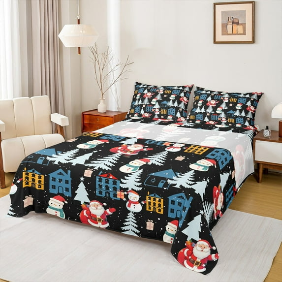 Feelyou Merry Christmas Child Full Size Sheets, Magic Santa Claus Bed Sheets, Xams Tree Lodge Cabin Sheet Sets, Breathable Home Decor, 4-Piece