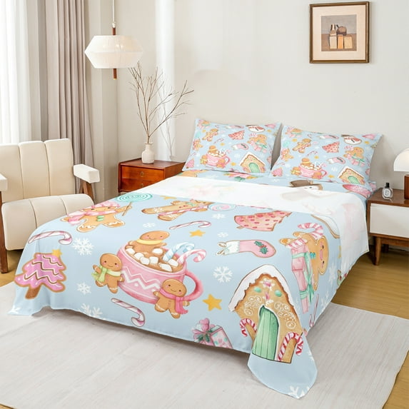 Feelyou Merry Christmas Child Queen Sheet Sets, Winter Coffee Cake Flat Sheet, Cartoon Xmas Tree Cabin Queen Fitted Sheet, Luxury Bedroom Decor, 4 Pieces