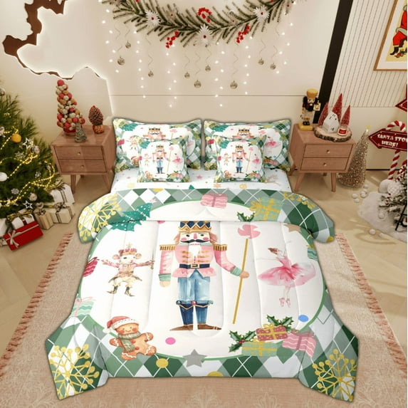 Feelyou Merry Christmas Child Twin Bedding Sets 7-Piece, Cartoon Fairy Tale Bedding Comforter Set, Green Plaid Buffalo Reversible Sheet Sets, Breathable Home Decor