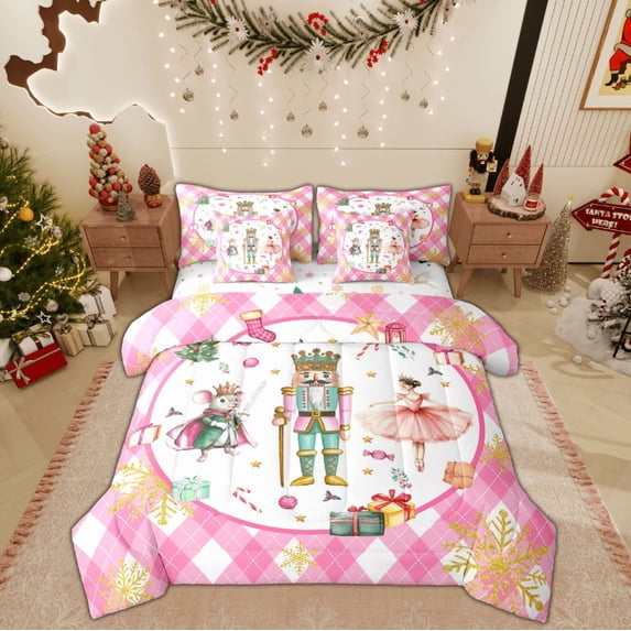 Feelyou Merry Christmas Child Twin Bedding Sets 7-Piece, Cartoon Fairy Tale Bedding Comforter Set, Pink Plaid Buffalo Reversible Sheet Sets, Lightweight Room Decor