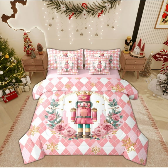 Feelyou Merry Christmas Child Twin Bedding Sets 7-Piece, Cartoon Fairy Tale Bedding Comforter Set, Pink Plaid Buffalo Reversible Sheet Sets, Luxury Bedroom Decor
