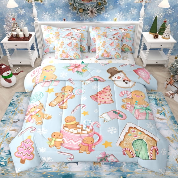 Feelyou Merry Christmas Child Twin Bedding Sets 7-Piece, Winter Coffee Cake Bedding Comforter Set, Cartoon Xmas Tree Cabin Reversible Sheet Sets, Luxury Bedroom Decor