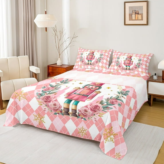Feelyou Merry Christmas Child Twin Sheet Sets, Cartoon Fairy Tale Twin Fitted Sheet, Pink Plaid Buffalo Flat Sheet, Luxury Bedroom Decor, 3pcs