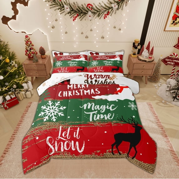 Feelyou Merry Christmas Full Size Comforter Sets for Kids, Magic Time Bedding Comforter Set, Rustic Raindeer Print Reversible Bedding Sets, Breathable Home Decor, 3 Pieces