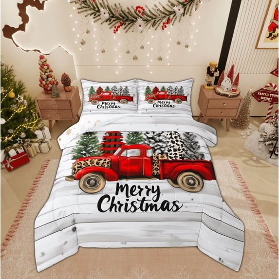 Feelyou Merry Christmas Full Size Comforter Sets, Red Truck Xmas Tree Bedding Comforter Set, Rustic Cabin Reversible Bedding Sets, Super Cozy Room Decor,3 Pieces