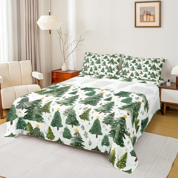 Feelyou Merry Christmas Full Size Sheets, Cartoon Green Tree Bed Sheets, Kids Teens Boys Girls Sheet Sets, Luxury Bedroom Decor,4 Pieces