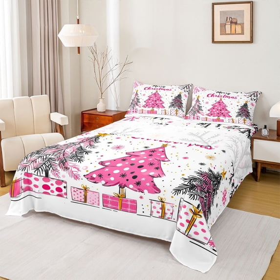 Feelyou Merry Christmas Full Size Sheets, Pink Christmas Tree Bed Sheets, Teens Kids Girls Women Sheet Sets, Luxury Bedroom Decor, 4-Piece