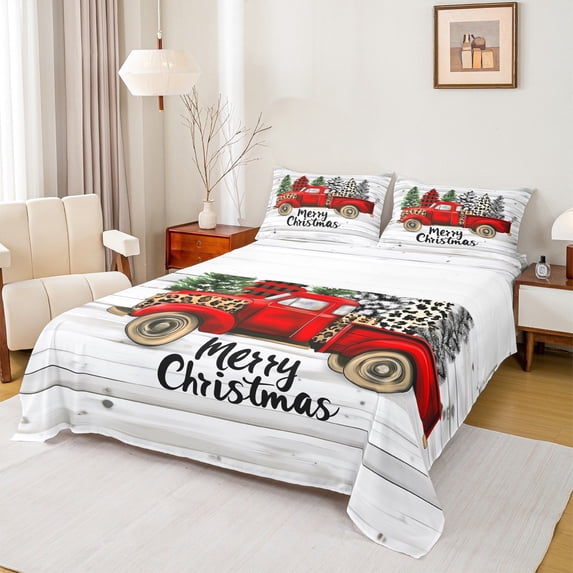 Feelyou Merry Christmas Full Size Sheets, Red Truck Xmas Tree Bed Sheets, Rustic Cabin Sheet Sets, Super Cozy Room Decor,4 Pieces