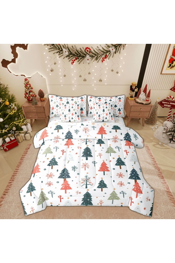 Merry Christmas Twin Bedding Sets 7-Piece, Cartoon Colorful Tree Bedding Comforter Set, Kids Teens Boys Girls Reversible Sheet Sets, Super Cozy Room Decor