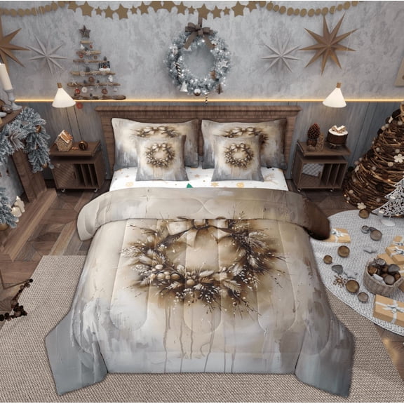 Feelyou Merry Christmas Twin Bedding Sets 7-Piece, Festival Wreath Bedding Comforter Set, Vintage Watercolor Reversible Sheet Sets, Microfiber Bedroom Decor