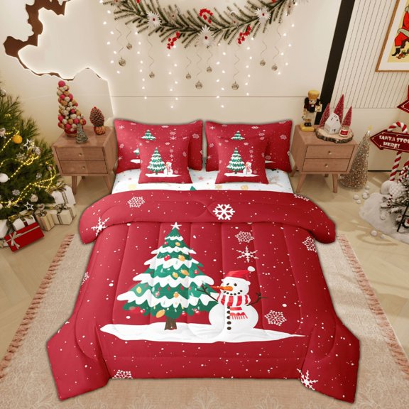 Feelyou Merry Christmas Twin Bedding Sets 7-Piece, Green Xmas Tree Bedding Comforter Set, Cute Winter Snowman Reversible Sheet Sets, Luxury Bedroom Decor