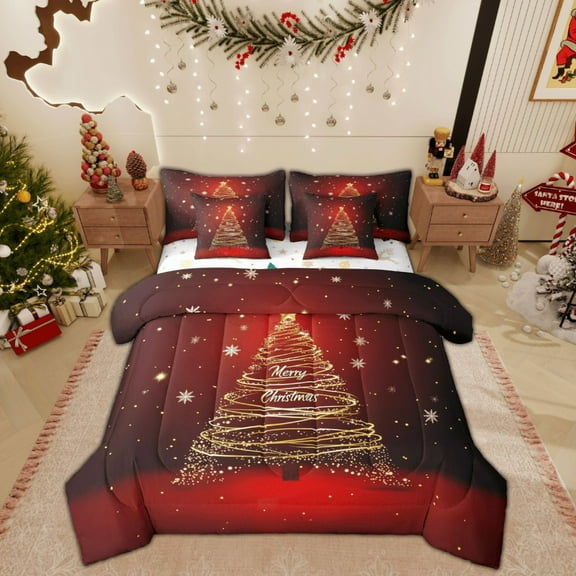 Feelyou Merry Christmas Twin Bedding Sets 7-Piece, Neon Xmas Tree Bedding Comforter Set, Glitter Winter Snowflake Reversible Sheet Sets, Super Cozy Room Decor