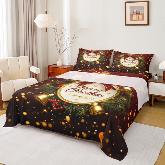 Feelyou Merry Christmas Twin Sheet Sets, Gold Bell Twin Fitted Sheet, Glitter Stars Dots Print Flat Sheet, Lightweight Room Decor,3-Piece