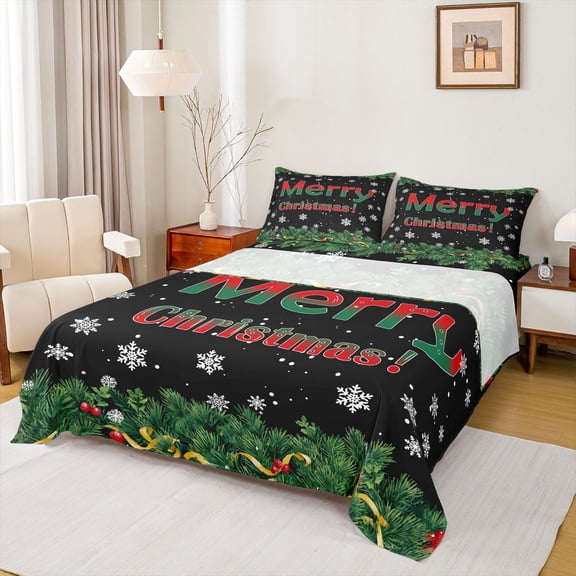 Feelyou Merry Christmas Twin Sheet Sets, Xmas Snowflake Leaf Bedding, 3 Pieces