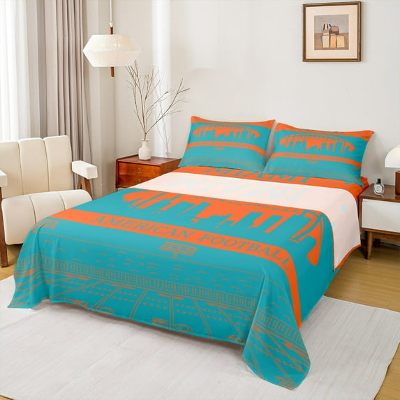 Feelyou Miami Football City Queen Sheet Sets, Rugby Sports Flat Sheet, Teal Orange Queen Fitted Sheet, Kids Teens Bedroom Decor