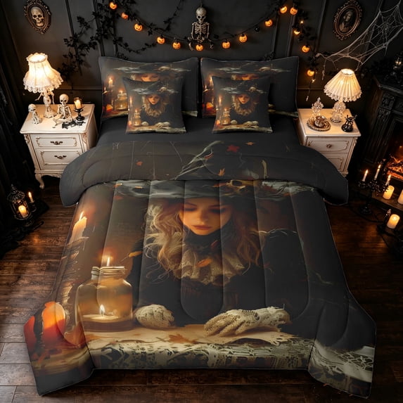 Feelyou Mid Century Witch Twin Bedding, Boho Halloween Pumpkin Bedding Comforter Set, Black Reversible, 7 Pieces