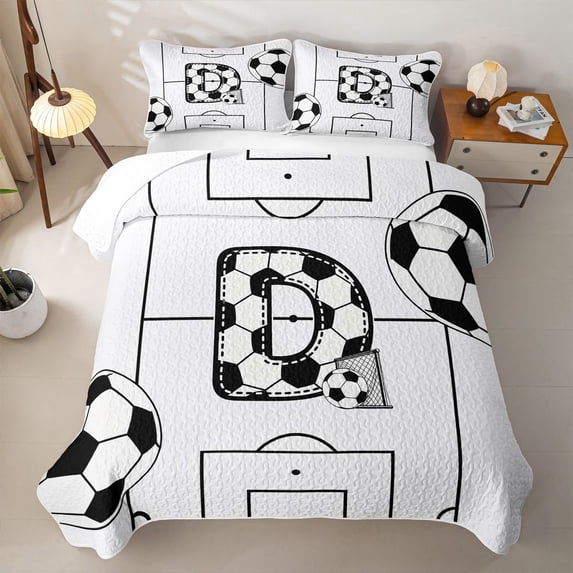 Feelyou Minimalist Soccer D Letter Twin Quilt Set for Boys Girls, Cartoon Football Sport Twin Coverlet Set, Black White, 2pcs