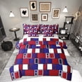 thumbnail image 1 of Feelyou Modern Abstract Adult Bedding Comforter Set 7 Pieces, Red Blue Full Bedding Set, Chic Square Geometric Reversible Fitted Sheet Flat Sheet, Luxury Bedroom Decor, 1 of 7
