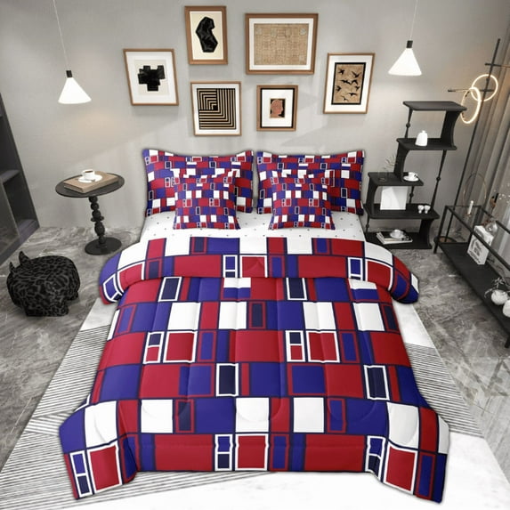 Feelyou Modern Abstract Adult Bedding Comforter Set 7 Pieces, Red Blue Full Bedding Set, Chic Square Geometric Reversible Fitted Sheet Flat Sheet, Luxury Bedroom Decor