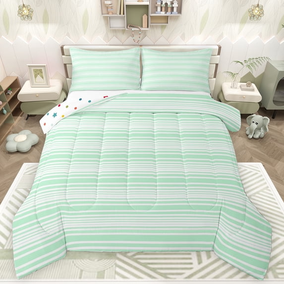 Feelyou Modern Abstract Ombre Queen Comforter Set for Teens, Green Lines Stripes Bedding Sets, Simple Fashion Style Reversible Bedding Comforter Set, Lightweight Room Decor, 3 Pieces