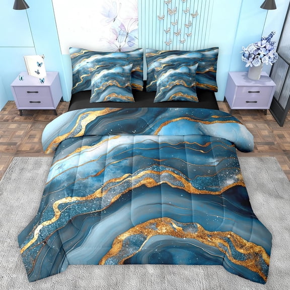 Feelyou Modern Abstract Stripe Bedding Comforter Set 7pcs for Adult, Chic Marble Ombre Queen Bedding Sets, Ink Watercolor Blue Reversible Queen Sheet Sets, Microfiber Bedroom Decor