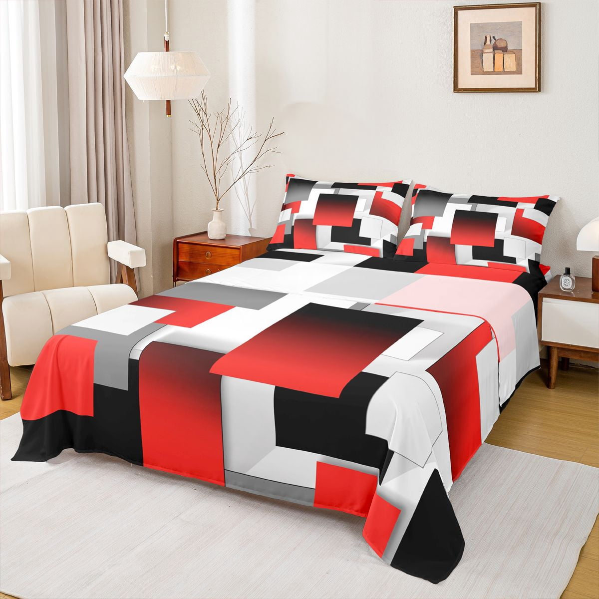 Abstract Sheet Set Feelyou Modern Art Square Teens Queen Sheet Sets, Red Abstract Stripes ...