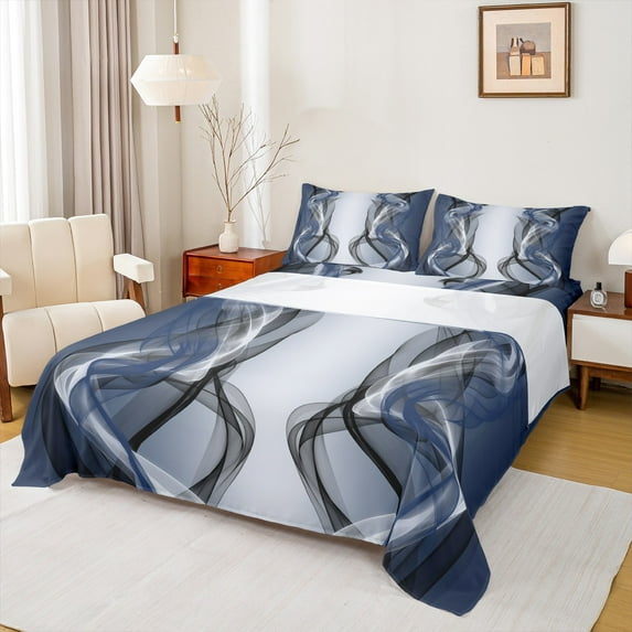 Feelyou Modern Artwork Teens Bed Sheets, Grey Navy Abstract King Sheets, Gradient Aesthetic Stripe Sheet Set, Luxury Bedroom Decor, 4 Pieces