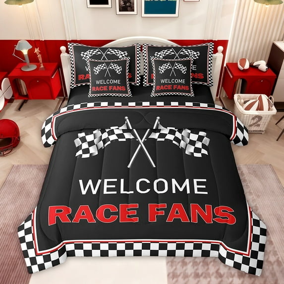 Feelyou Modern Automobile Teens Twin Bedding Sets 7-Piece, Black White Checkered Flag Bedding Comforter Set, Racing Car Reversible Sheet Sets, Luxury Bedroom Decor