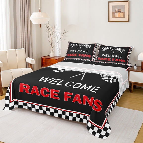 Feelyou Modern Automobile Teens Twin Sheet Sets, Black White Checkered Flag Twin Fitted Sheet, Racing Car Flat Sheet, Luxury Bedroom Decor, 3-Piece