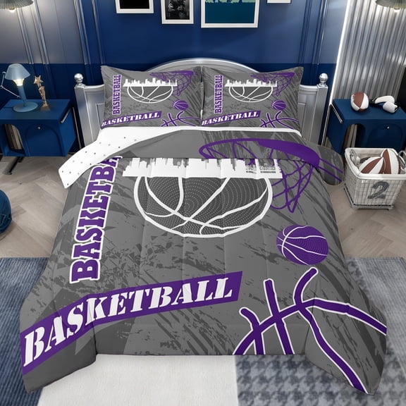 Feelyou Modern Basketball Player Bedding Comforter Set for Kid, Cartoon Ball Game Twin Comforter Sets, Abstract Grey Purple Reversible Bedding Set, Luxury Bedroom Decor, 2 Pieces