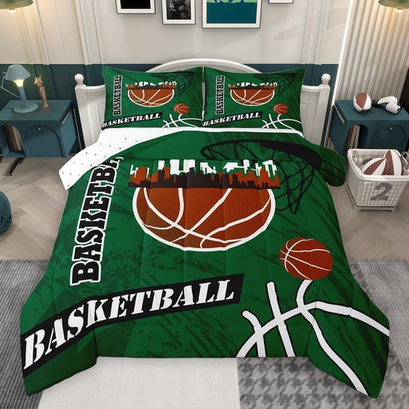 Feelyou Modern Basketball Player Bedding Comforter Set for Kid, Cartoon Ball Print Twin Comforter Sets, Stripes Abstract Green Reversible Bedding Set, Ultra Soft Bedroom Decor, 2 Pieces