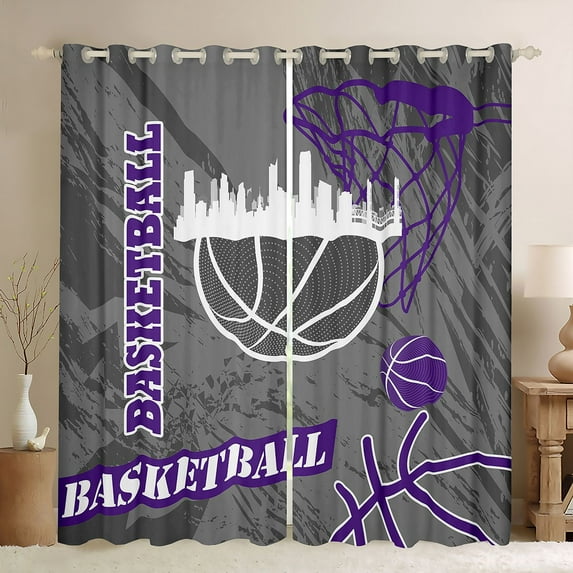 Feelyou Modern Basketball Player Blackout Curtains Set of 2 (52x84 Each) for Kid, Cartoon Ball Game Window Curtains, Abstract Grey Purple Curtains and Drapes, Living Room Curtains Decor