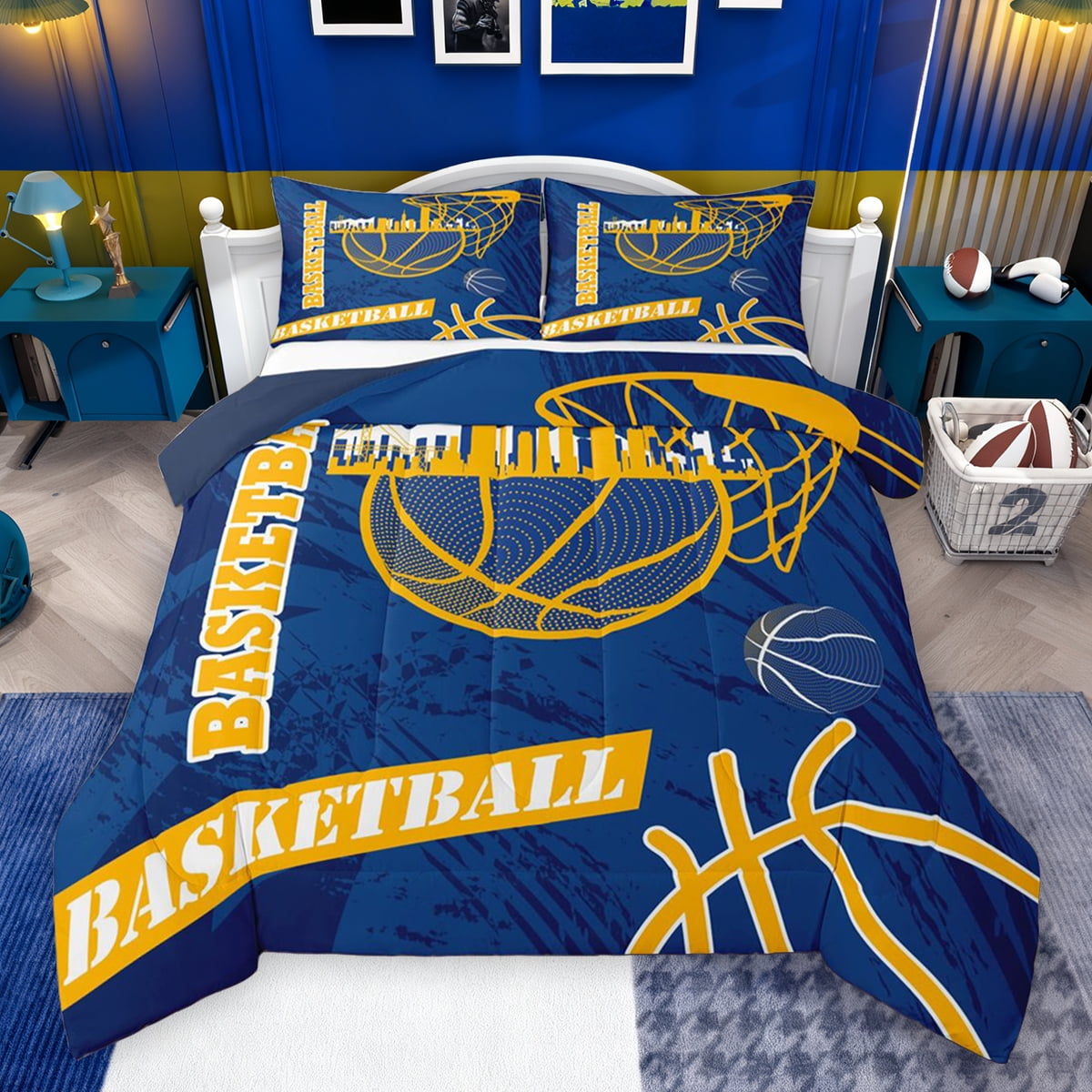 Feelyou Modern Basketball Player Queen Comforter Set for Kid, Cartoon Ball Gaming Bedding Sets, Stripes Blue Gold Reversible Bedding Comforter Set, Ultra Soft Bedroom Decor, 3 Pieces
