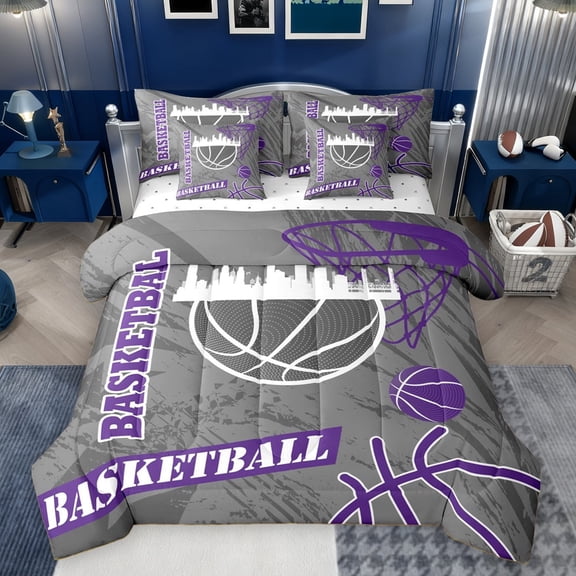 Feelyou Modern Basketball Player Twin Bedding Sets 7-Piece for Kid, Cartoon Ball Game Bedding Comforter Set, Abstract Grey Purple Reversible Sheet Sets, Luxury Bedroom Decor