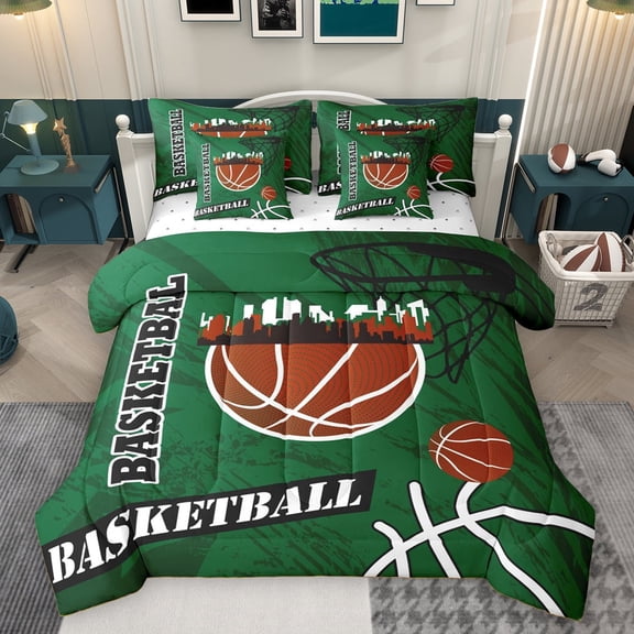 Feelyou Modern Basketball Player Twin Bedding Sets 7-Piece for Kid, Cartoon Ball Print Bedding Comforter Set, Stripes Abstract Green Reversible Sheet Sets, Ultra Soft Bedroom Decor