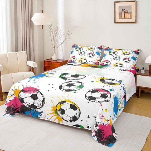 Feelyou Modern Basketball Teens Full Size Sheets, Watercolor Artwork Bed Sheets, Cartoon Ball Sports Lover Sheet Sets, Microfiber Bedroom Decor, 4 Pieces