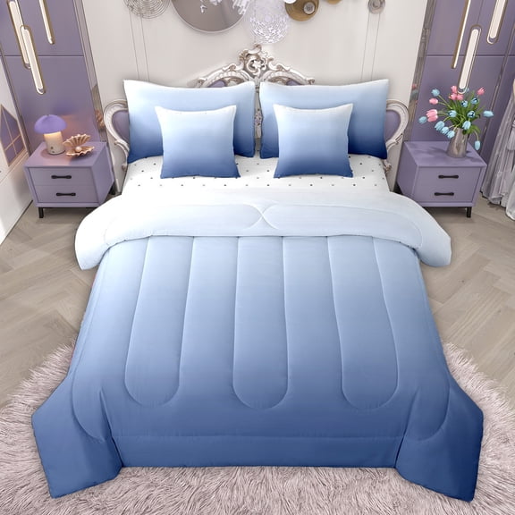 Feelyou Modern Blue Gradient Bedding Comforter Set 7pcs for Adult, Chic Art Abstract Queen Bedding Sets, Simple Fashion Theme Reversible Queen Sheet Sets, Lightweight Room Decor