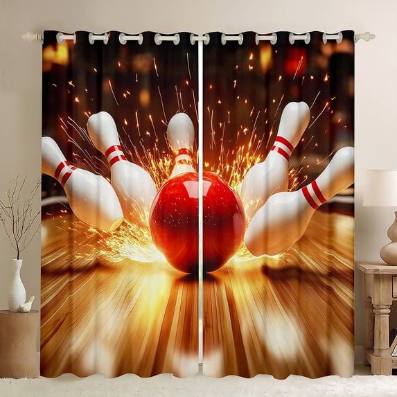 Feelyou Modern Bowling Lover Black Out Curtains for Adult, Gold Fire Curtains Pack of 2 (42x63 Each), Indoor Games Bedroom Curtains, Blackout Curtains Room Decor
