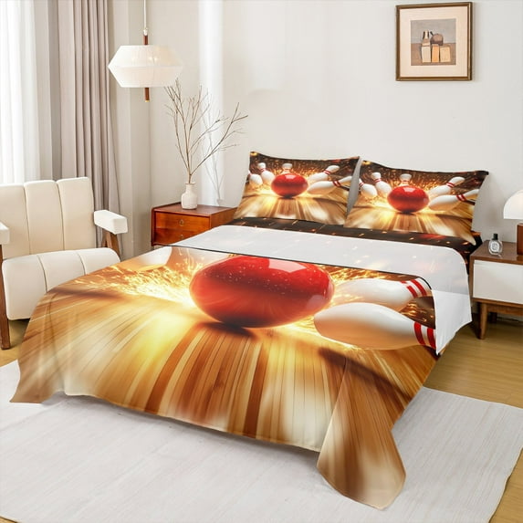 Feelyou Modern Bowling Lover Queen Sheet Sets for Adult, Gold Fire Flat Sheet, Indoor Games Queen Fitted Sheet, Lightweight Room Decor, 4-Piece