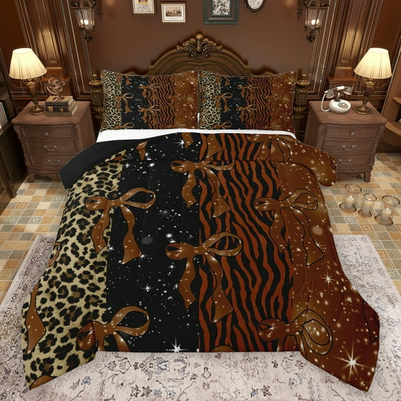 Feelyou Modern Brown Bow-tie Bedding Comforter Set, Fashion Cheetah Zebra Print Twin Comforter Sets, Chic Bling Stars Reversible Bedding Set, Luxury Bedroom Decor, 2-Piece