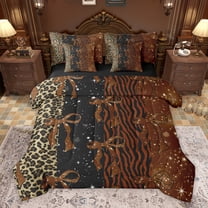 Feelyou Modern Brown Bow-tie Twin Bedding Sets 7-Piece, Fashion Cheetah Zebra Print Bedding Comforter Set, Chic Bling Stars Reversible Sheet Sets, Luxury Bedroom Decor