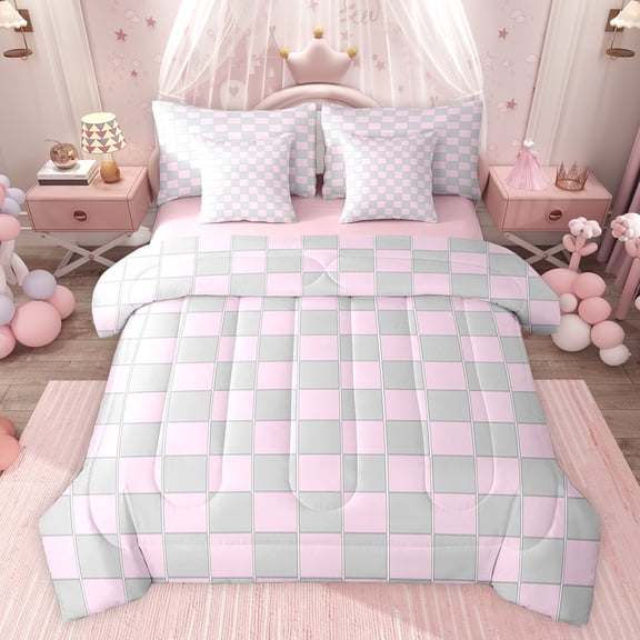 Feelyou Modern Buffalo Plaid Bedding Comforter Set 7 Pieces for Teens, Grey Pink Square Full Bedding Set, Simple Fashion Style Reversible Fitted Sheet Flat Sheet, Super Cozy Room Decor