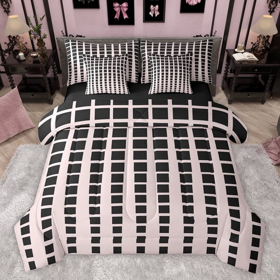 Feelyou Modern Buffalo Plaid Bedding Comforter Set 7pcs for Adult, Chic Checkered Square Queen Bedding Sets, Abstract Stripes Reversible Queen Sheet Sets, Microfiber Bedroom Decor