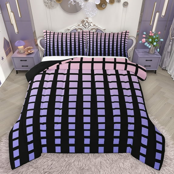Feelyou Modern Buffalo Plaid Bedding Comforter Set for Adult, Chic Checkered Square Twin Comforter Sets, Neon Gradient Purple Reversible Bedding Set, Super Cozy Room Decor, 2pcs