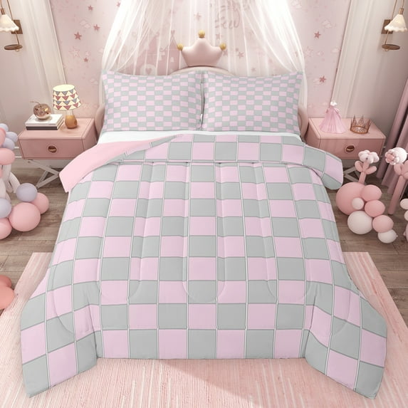 Feelyou Modern Buffalo Plaid Full Size Comforter Sets for Teens, Grey Pink Square Bedding Comforter Set, Simple Fashion Style Reversible Bedding Sets, Super Cozy Room Decor, 3pcs