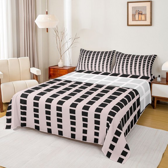 Feelyou Modern Buffalo Plaid Full Size Sheets for Adult, Chic Checkered Square Bed Sheets, Abstract Stripes Sheet Sets, Microfiber Bedroom Decor, 4pcs