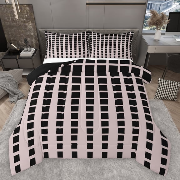 Feelyou Modern Buffalo Plaid Queen Comforter Set for Adult, Chic Checkered Square Bedding Sets, Abstract Stripes Reversible Bedding Comforter Set, Microfiber Bedroom Decor, 3pcs