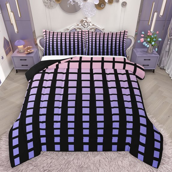Feelyou Modern Buffalo Plaid Queen Comforter Set for Adult, Chic Checkered Square Bedding Sets, Neon Gradient Purple Reversible Bedding Comforter Set, Super Cozy Room Decor, 3pcs
